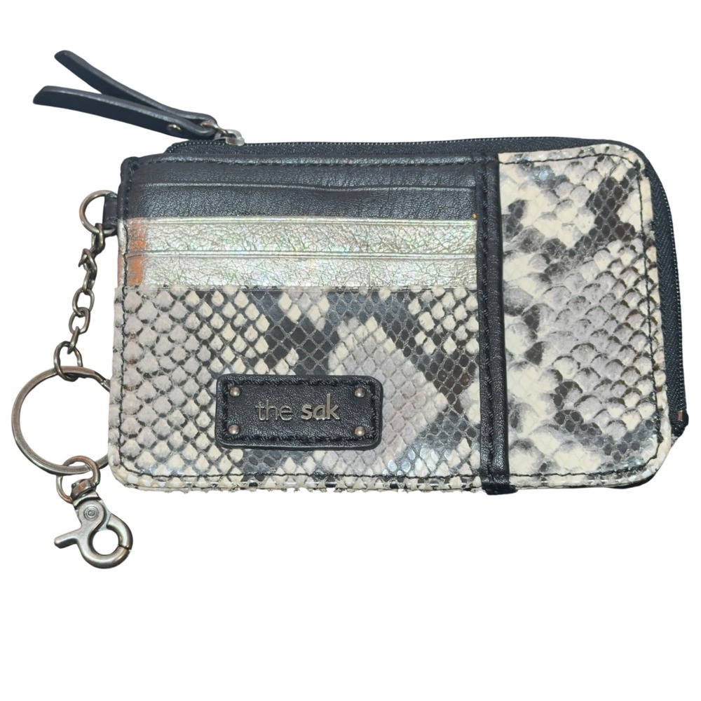 The Sak Iris Card Wallet Women Black Grey Snakeskin Leather Keychain Minimalist